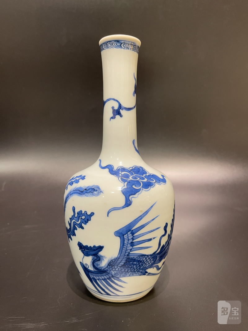 清康熙 青花凤纹长颈瓶 - 图3